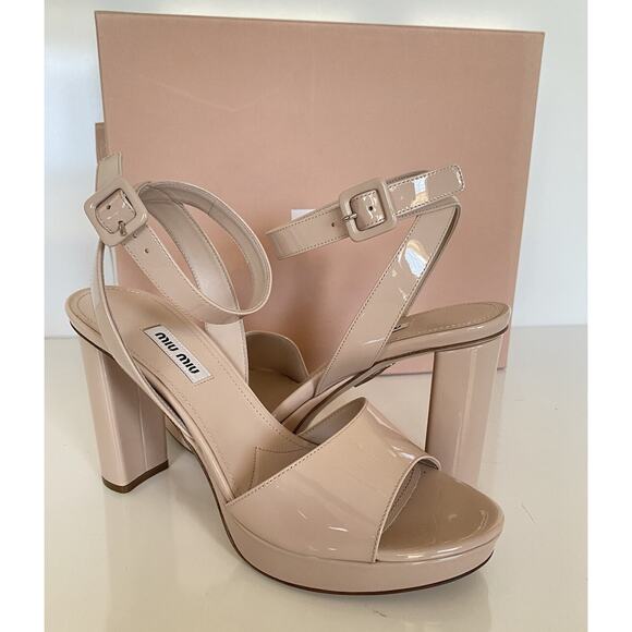NIB MIU MIU Prada Platform Ankle Strap Patent Leather Tan Sandals 10 US 5XP808 - Picture 2 of 6